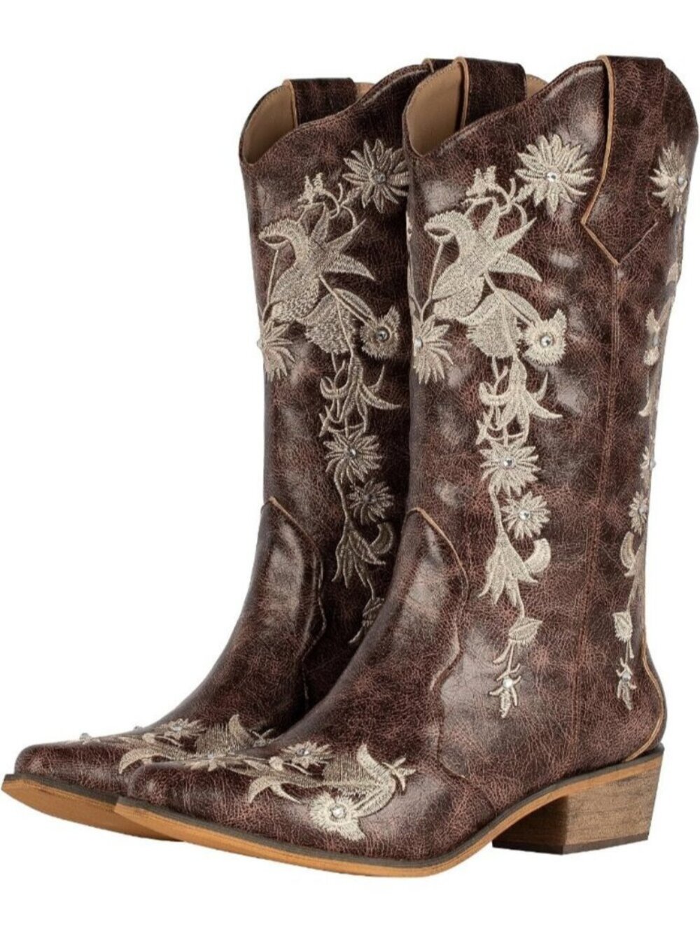 Women's Brown Floral Rhinestone Western Cowgirl Boots Retro Snip Toe Embroidered